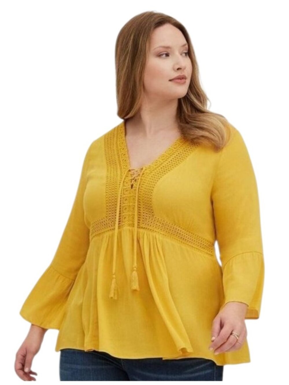 Torrid Babydoll Gauze Crochet Trim Lace-Up Blouse
